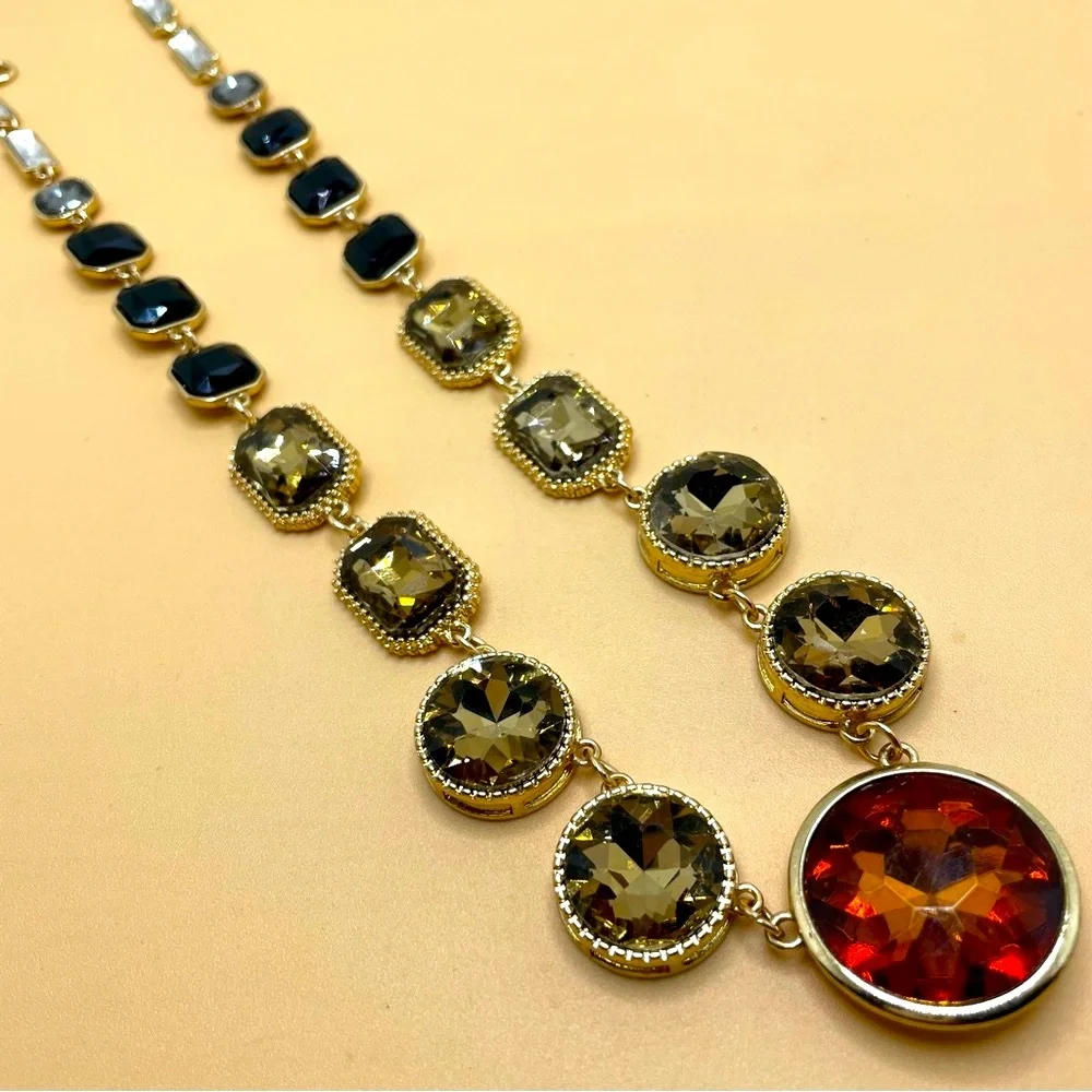 Cato C 1946 Multi Faceted Lucite Orange Champagne Black Gold Tone Boho Necklace